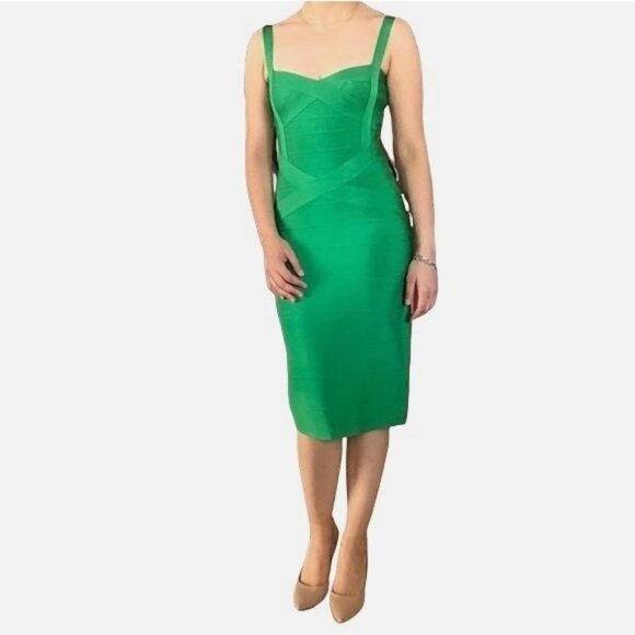 TOXIC ENVY BOUTIQUE-- WOMENS GREEN THICK STRETCHY MIDI BANDAGE DRESS SIZE LARGE - Picture 2 of 9